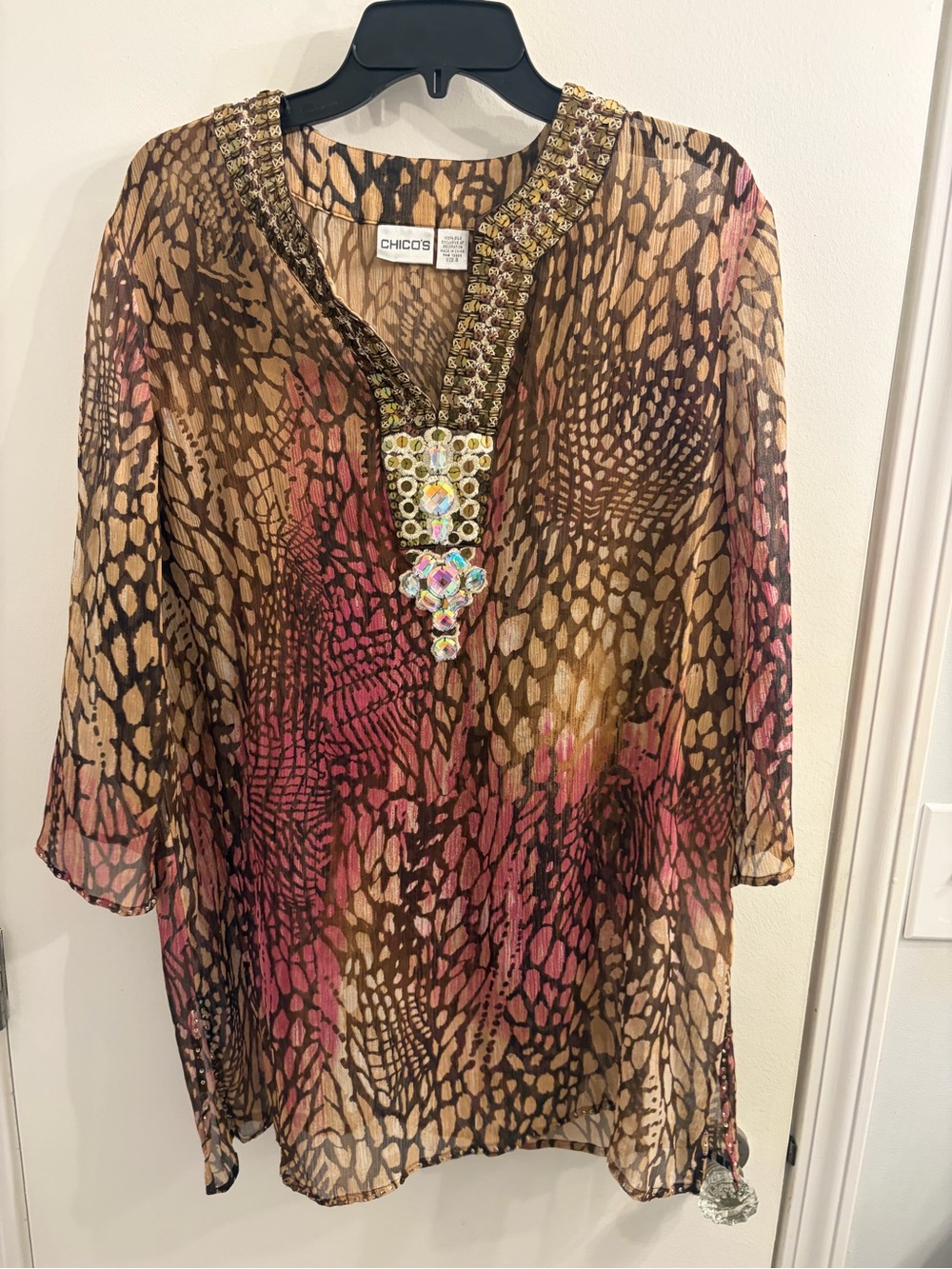Chico's Beaded V-Neck Sheer Animal Print Tunic - Brown & Pink